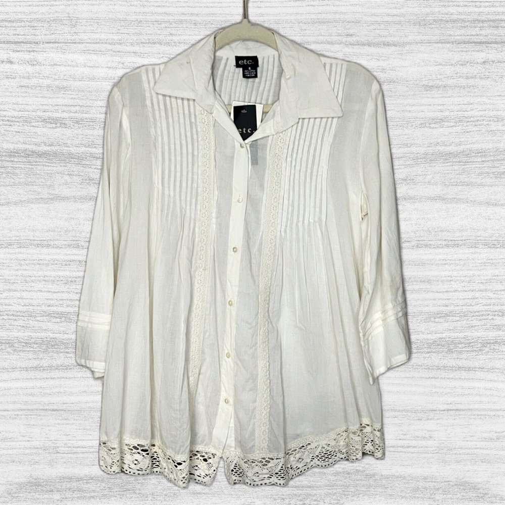 Vtg Etc. Womens Top Shirt Size Small Ivory Pintuck Lace Button-up NWT B5